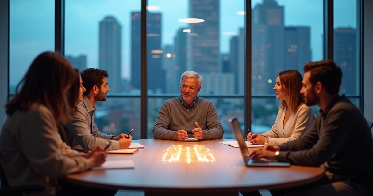 Team collaborating around a table with colorful sound waves connecting them 