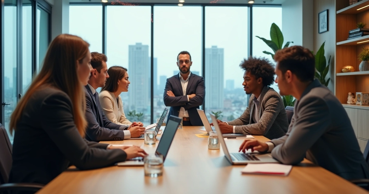 Modern office meeting where one colleague disrupts calm team discussion 