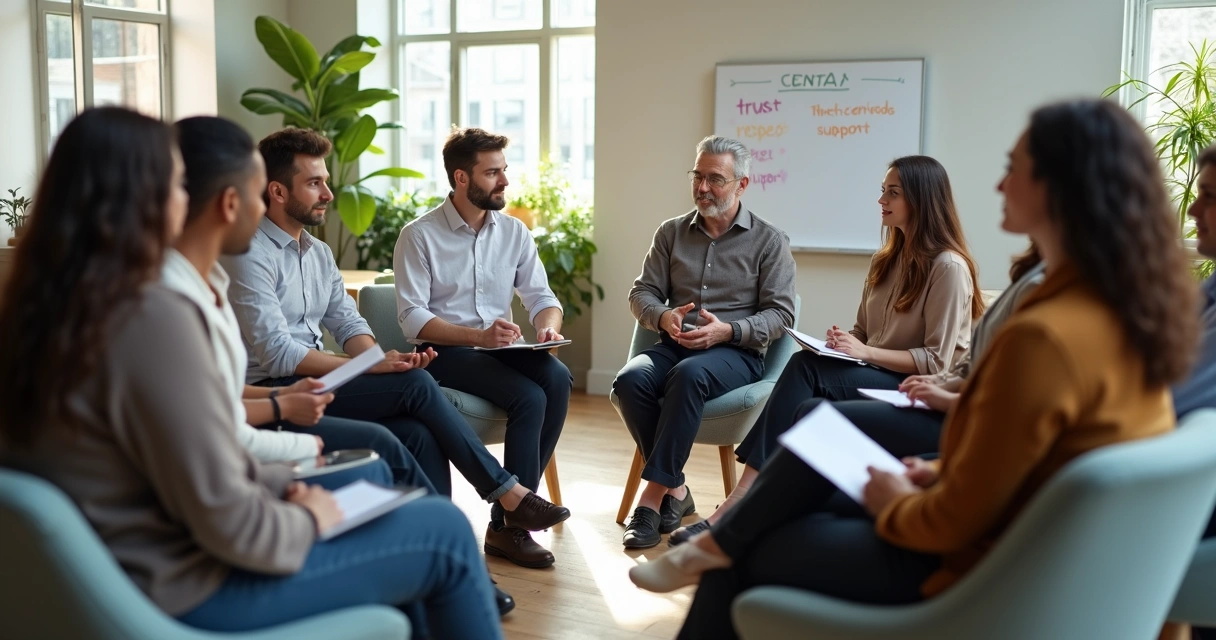 Diverse team in modern office circle sharing in a calm meeting 