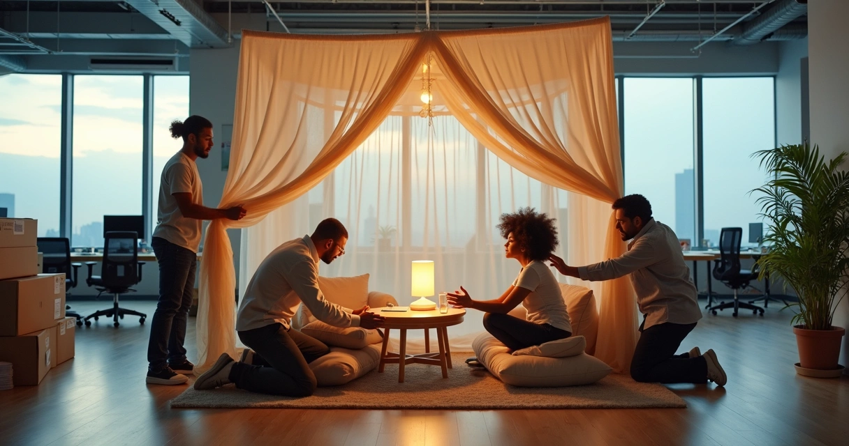 Colleagues building a shelter-like structure in a changing office space 