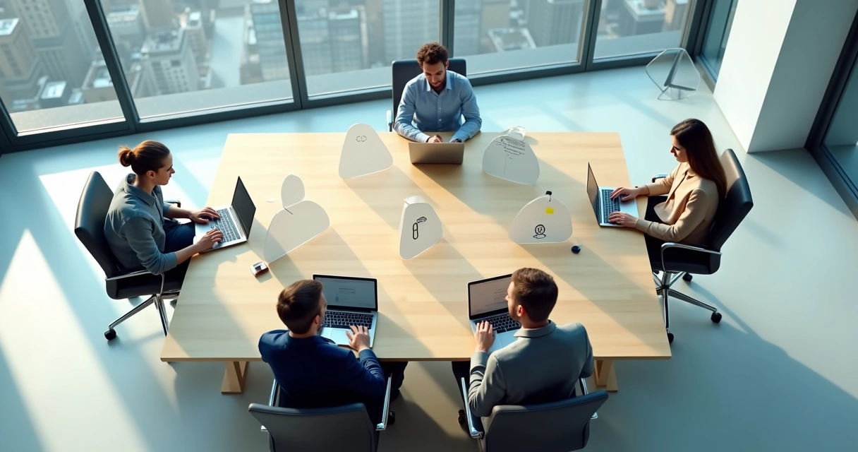Overhead view of office team seated around a table separated by translucent walls 