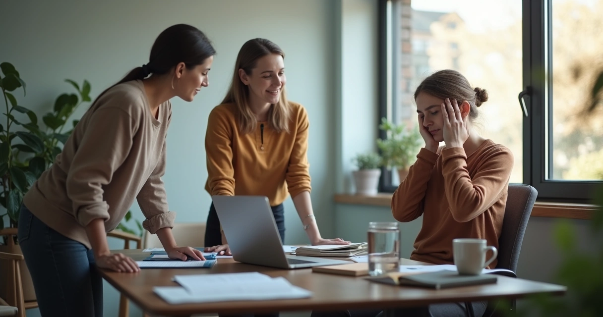 Colleagues providing support to stressed coworker