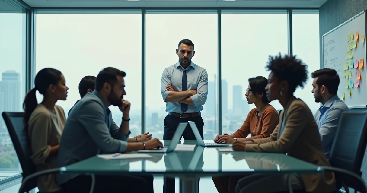 Team in modern office silently working with visible emotional tension 