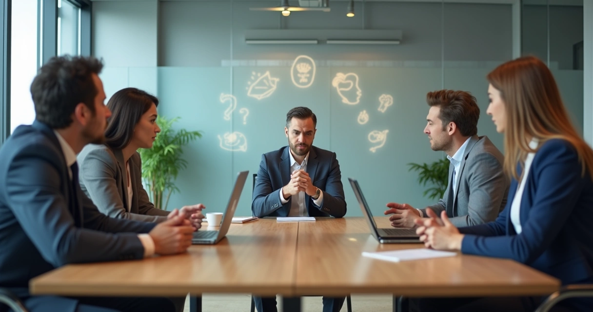 Diverse office team around a table with one person subtly isolated in emotional tension 