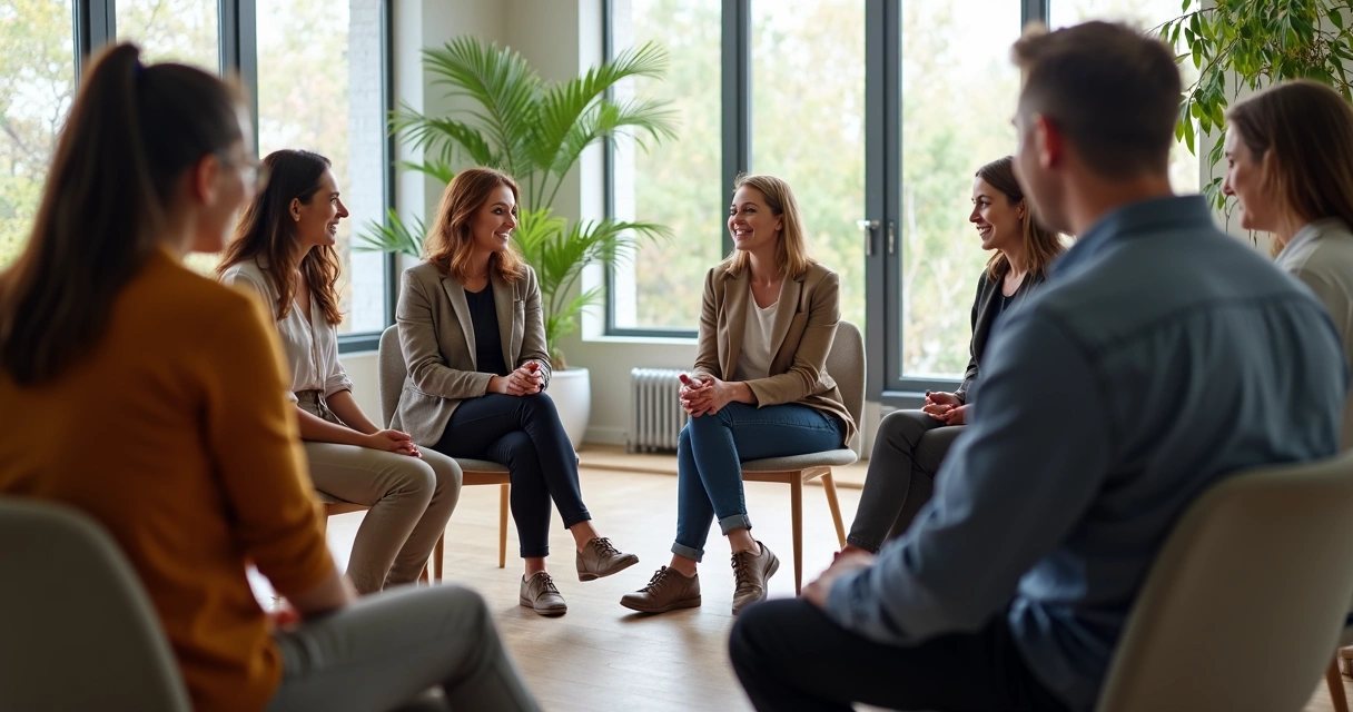 Team members in a circle participating in an emotional skills workshop. 