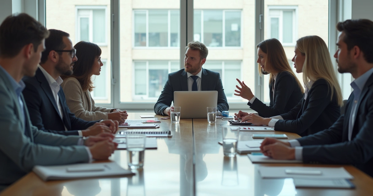 Team in tense meeting with invisible emotional barriers between colleagues 