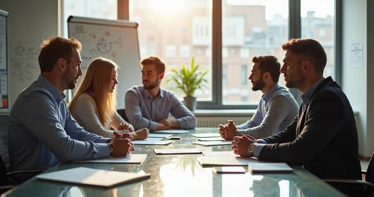 Colleagues in a modern workspace, some showing subtle tension, others looking engaged around a boardroom table 