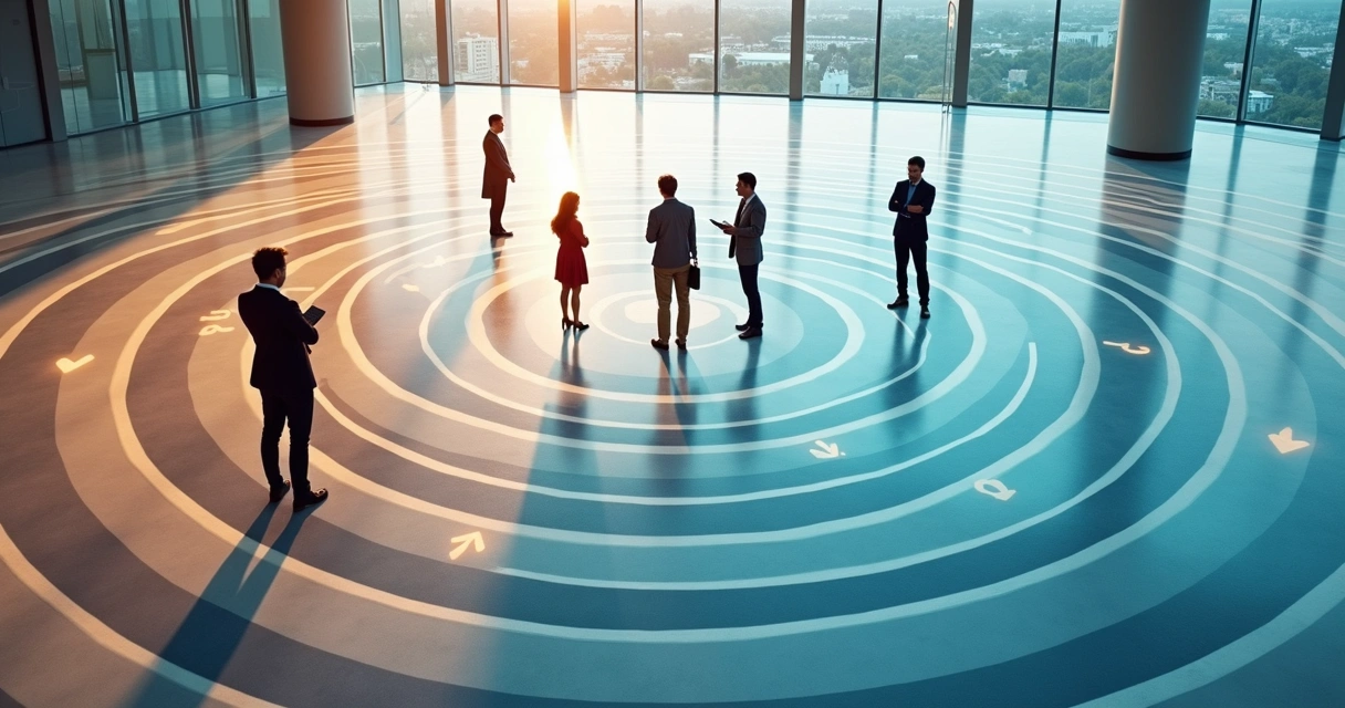 Team seen from above standing in separate zones of a circular floor maze 