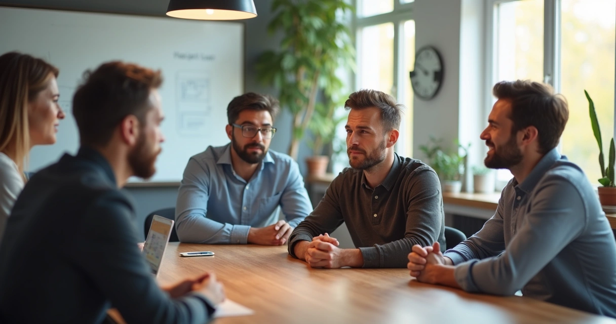 Team members reacting with body language in a meeting 