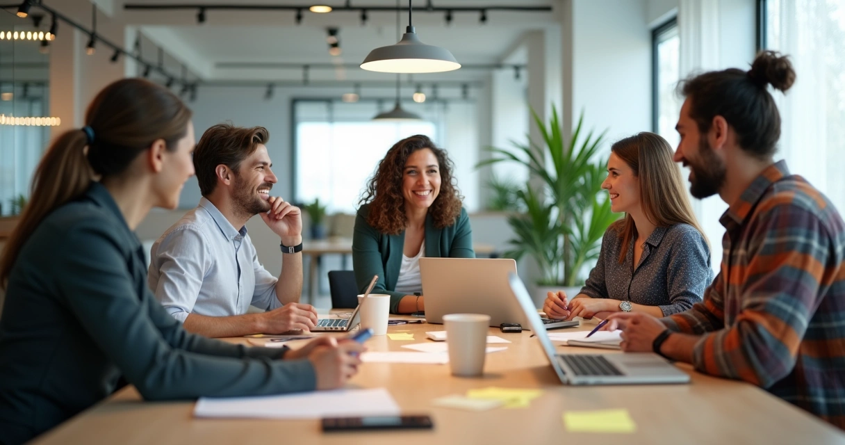 Diverse coworkers in a meeting, sharing body language and facial expressions 