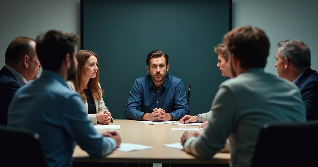 Team gathered with a distant leader, missing empathy.