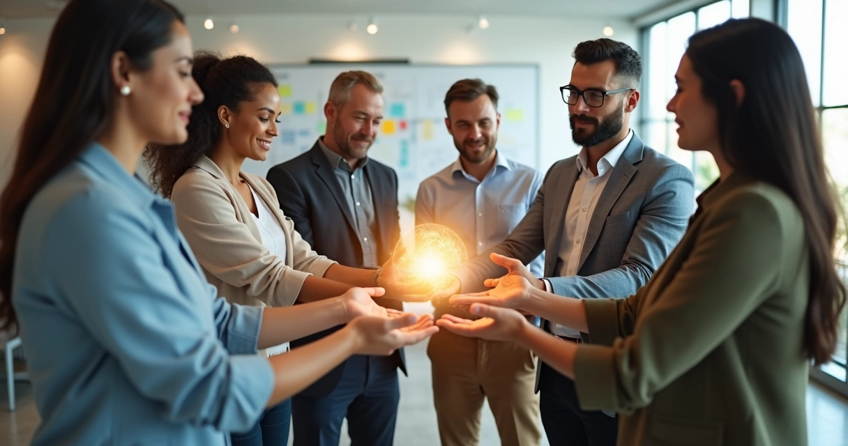 Diverse team standing in circle with shared glowing light between their hands 