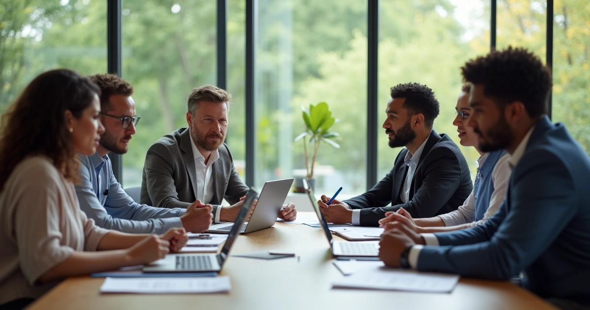 A diverse team having a constructive group discussion around a meeting table with visible collaboration