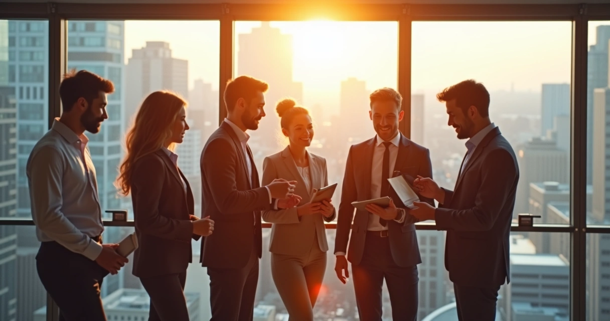 Group of employees gathered in an open modern office, sharing ideas around a table 