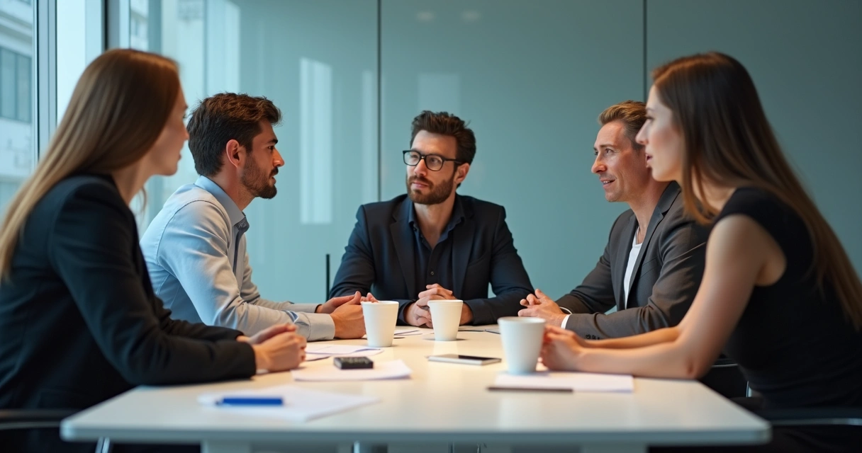 Team members at a table looking uncertain and blending into each other