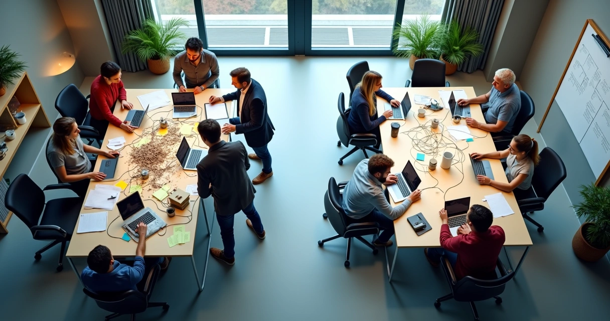 Two office teams contrasted between tangled cords and clear space 
