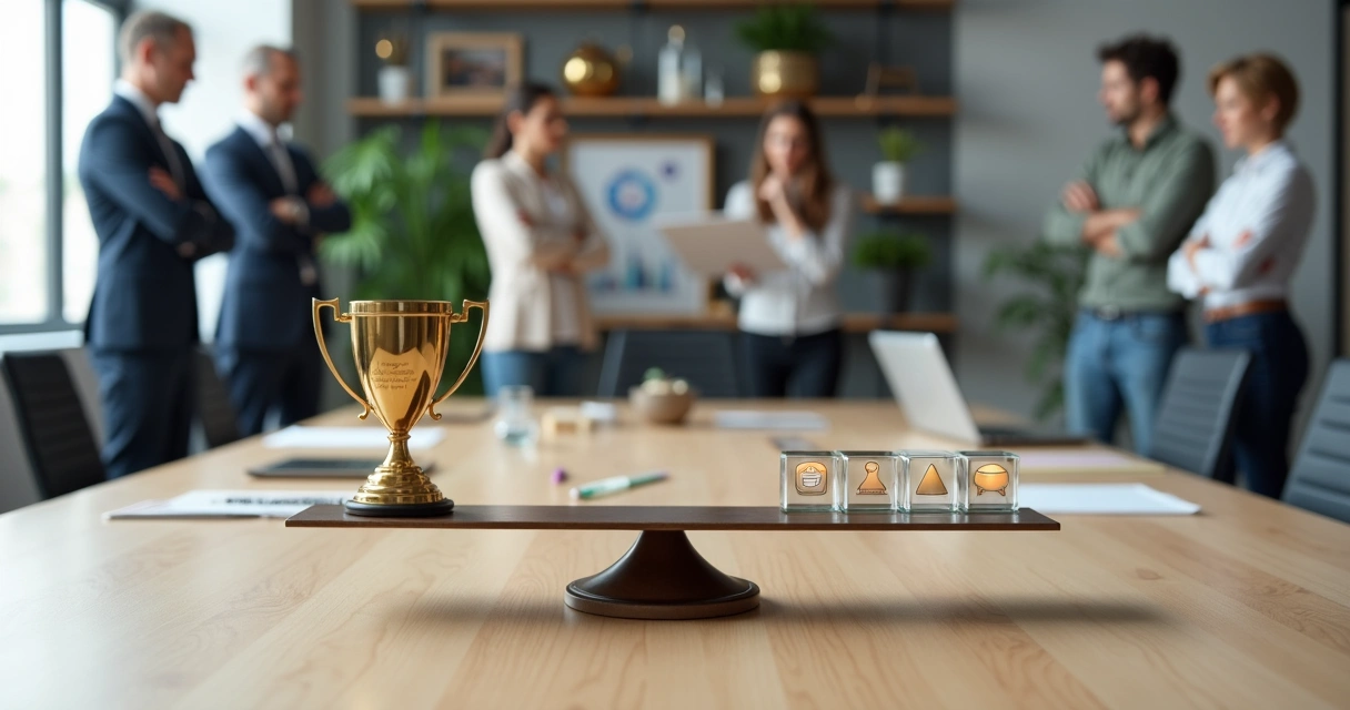 Team gathered around a balance scale with mixed expressions of envy and collaboration 