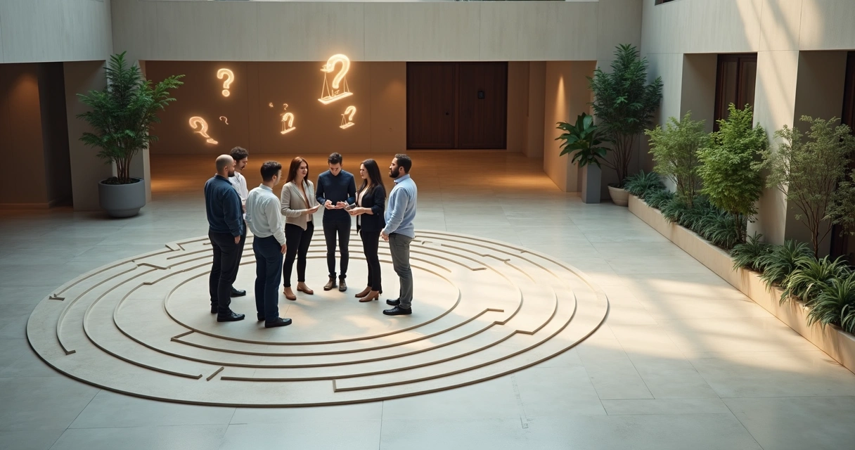 Diverse team standing on large floor labyrinth with glowing question icons above them 