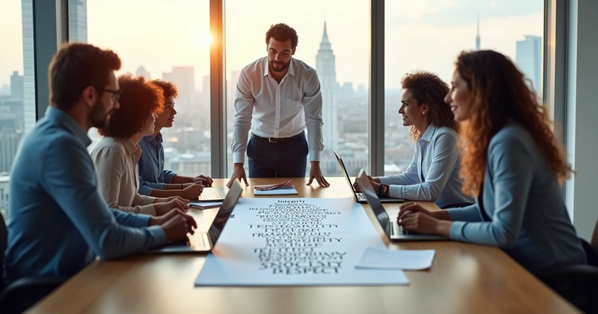 Diverse team in meeting room aligning around shared ethical principles 