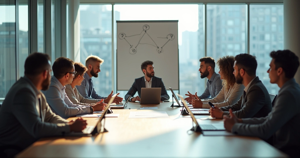 Diverse work team in meeting room discussing ethical dilemma with light and shadow contrast 