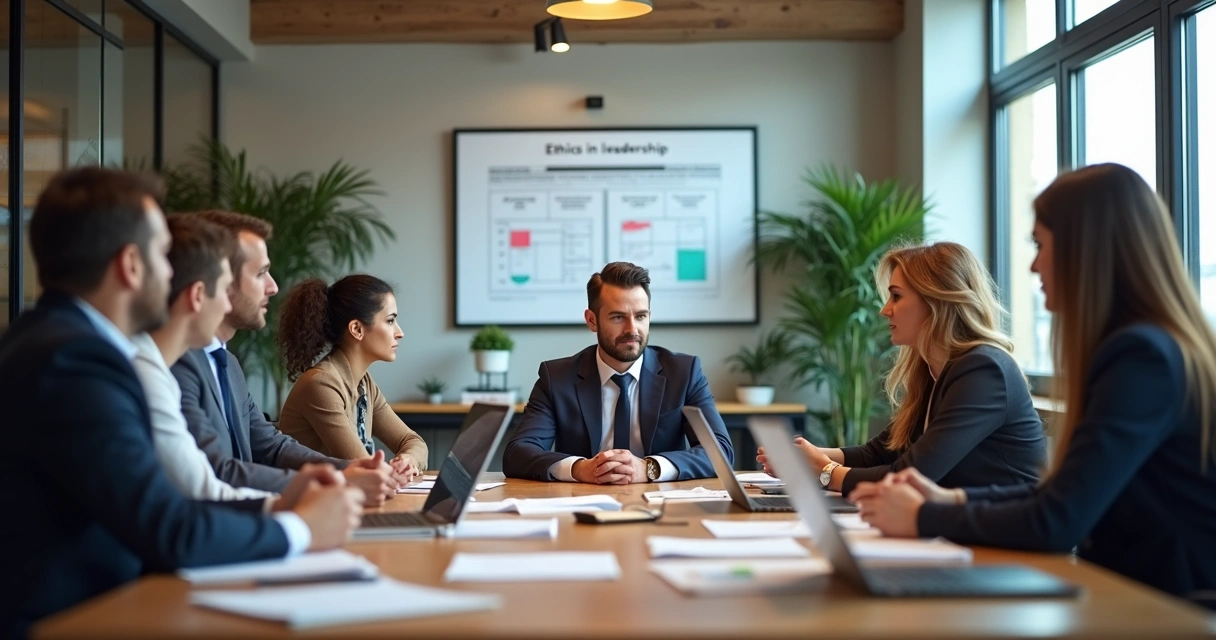 Team discussing ethics around a table 