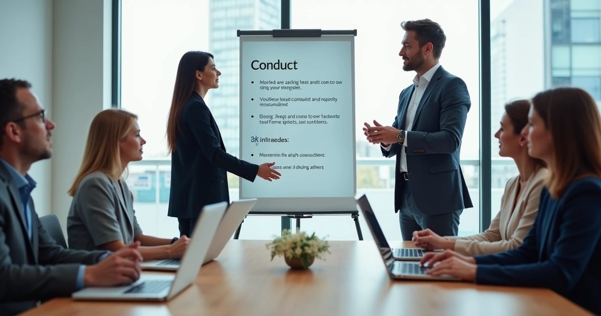 Team discussing conduct concerns in a meeting room