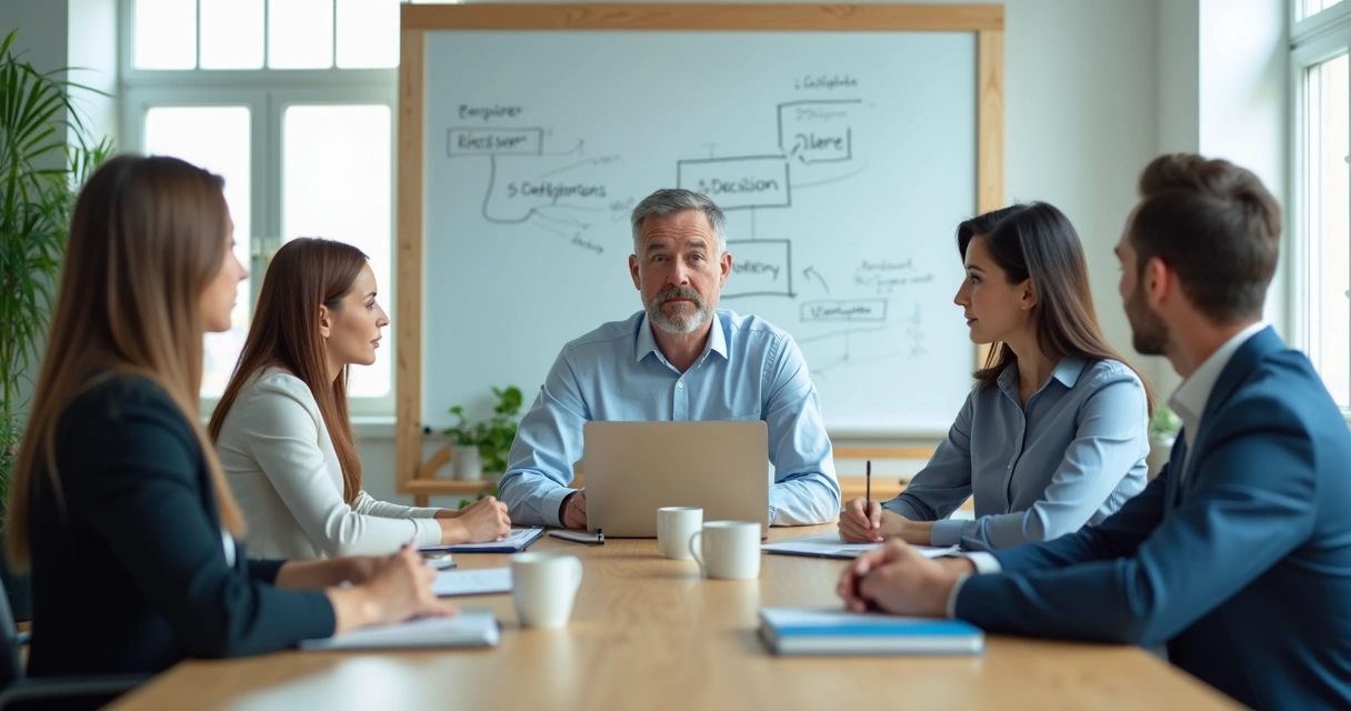 Team in a meeting discussing ideas openly around a table