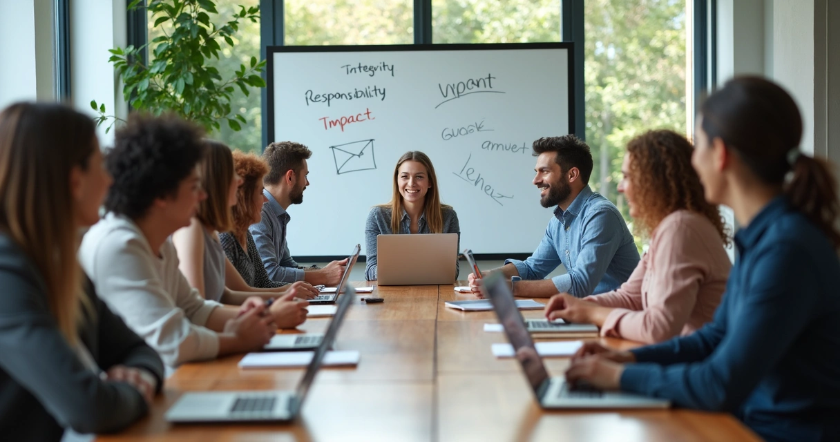 Team of coworkers in discussion around a table of laptops 