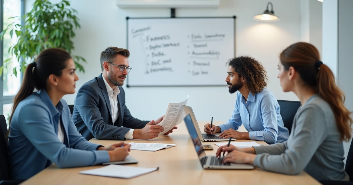 Team discussing an ethical case in a meeting room 