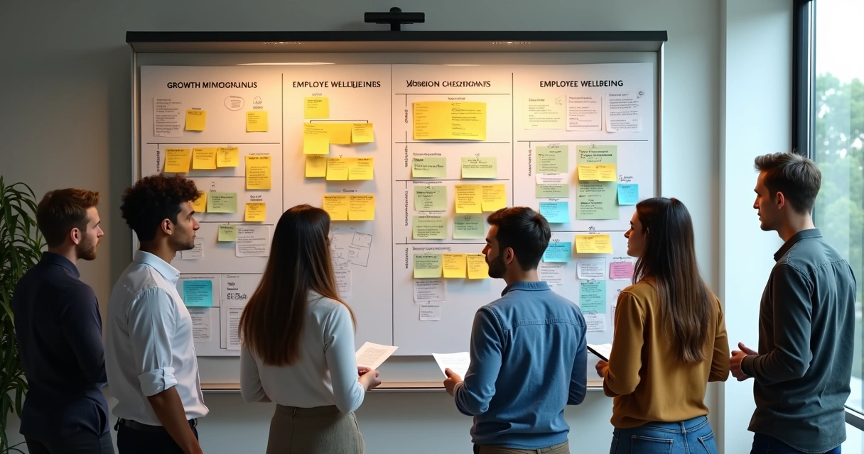 Team reviewing values and risk notes on a wall board