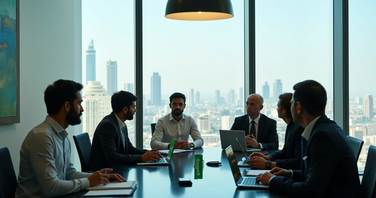 Multinational team in office with a Middle Eastern city view 