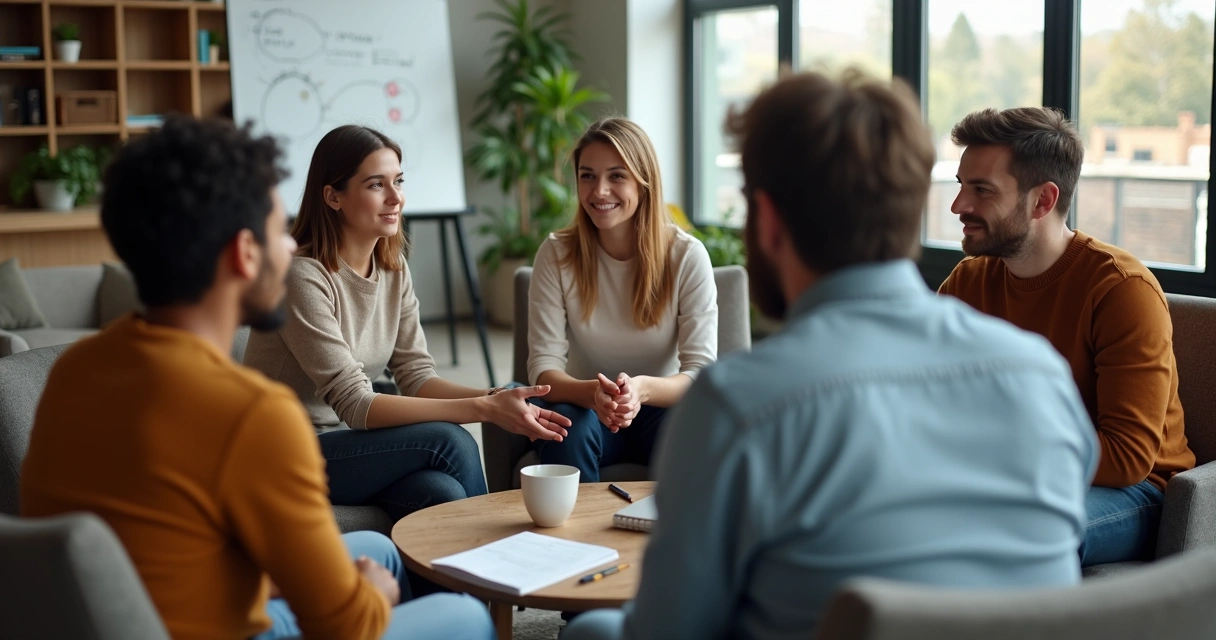 Small diverse team in circle holding meeting with warm eye contact 