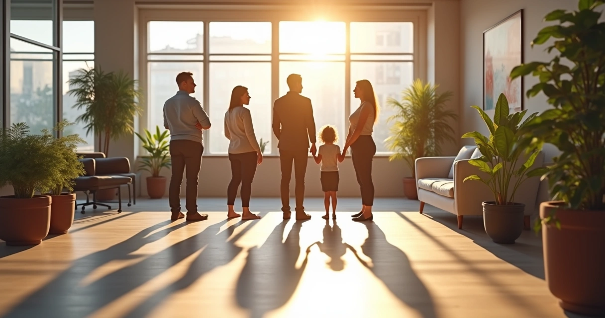 Team in an office with each member's shadow showing different family roles 