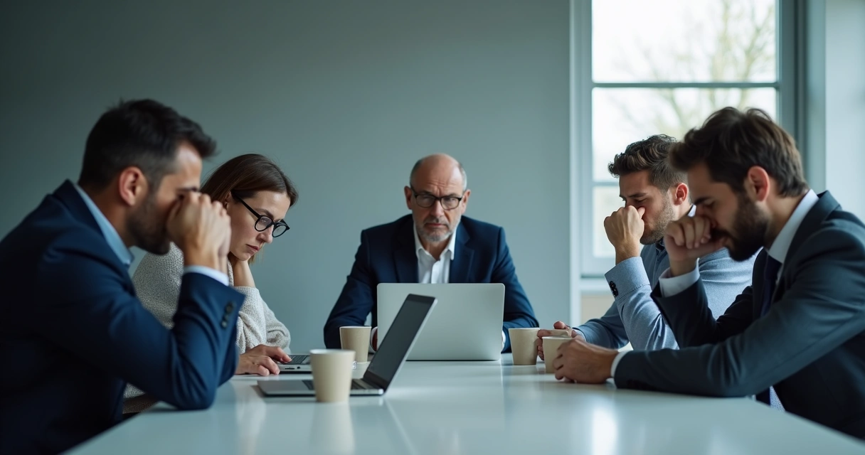 Team sitting quietly in a tense office meeting room 