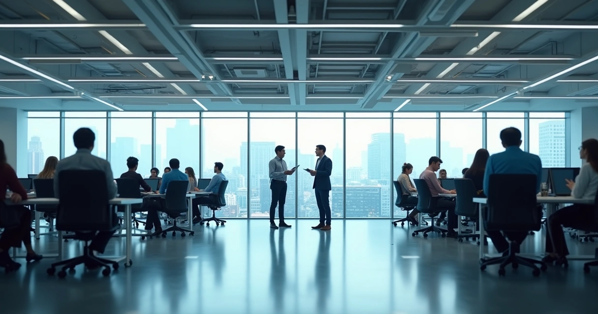 Office workers split into two small groups standing apart in open workspace