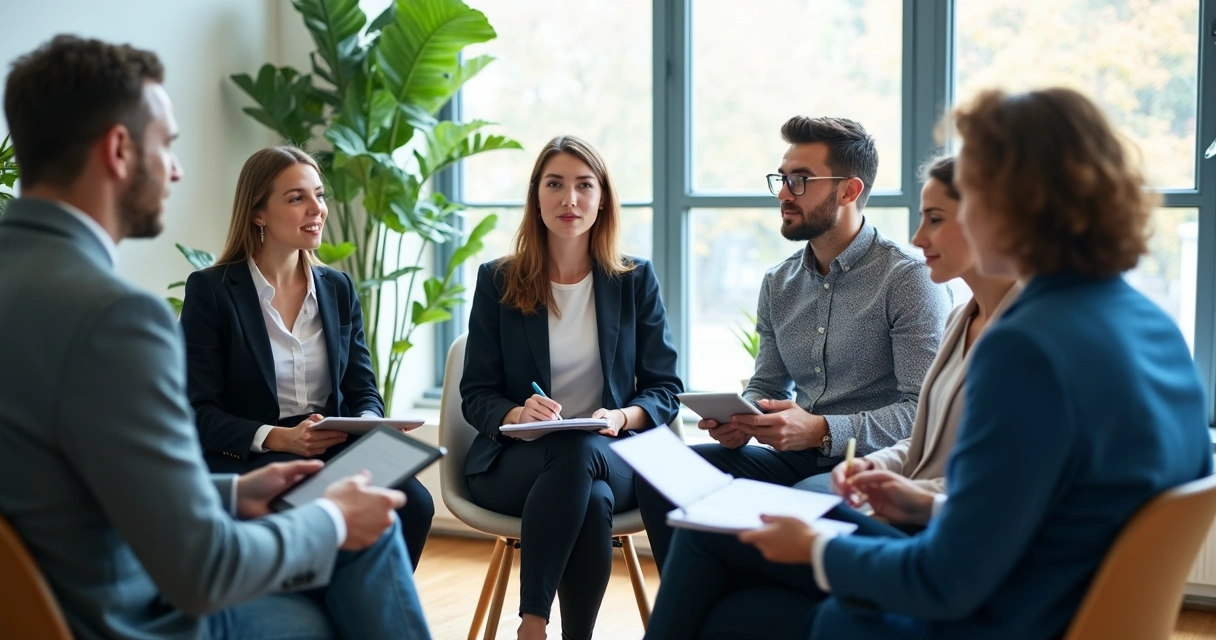 Colleagues seated in a circle during a feedback meeting 