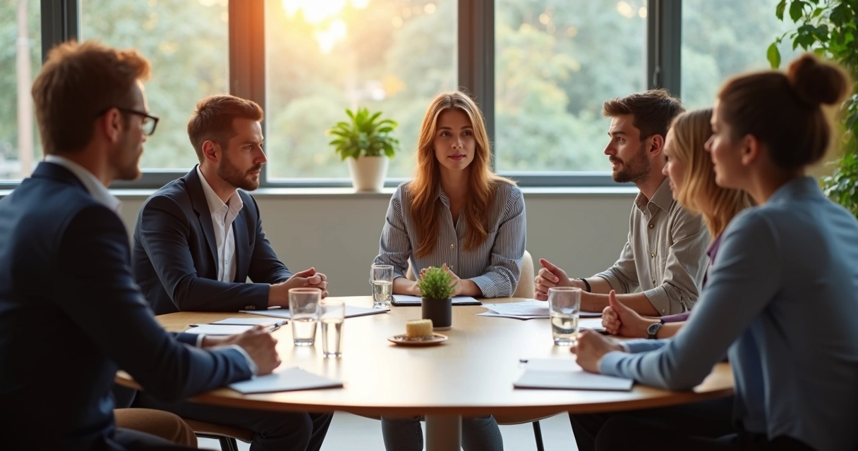 Small team in a feedback discussion around a table 