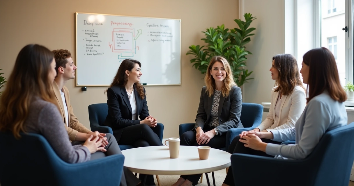 Team members in a feedback circle during a workplace debrief