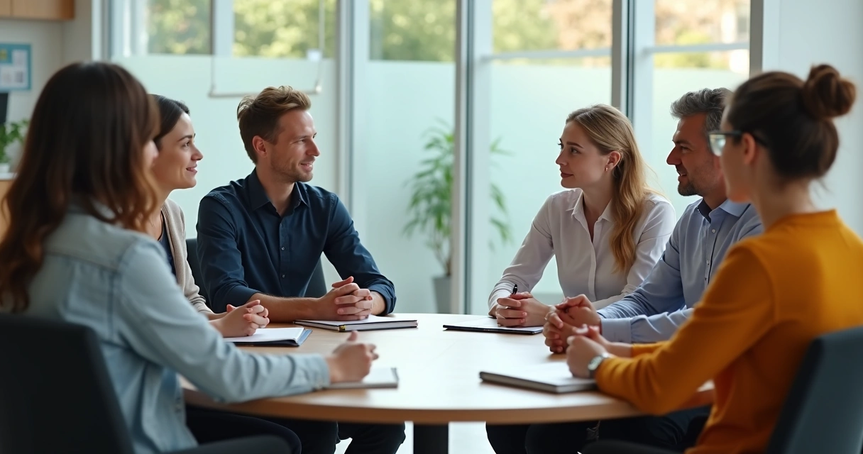 Team in a meeting circle with one person speaking and others listening thoughtfully 