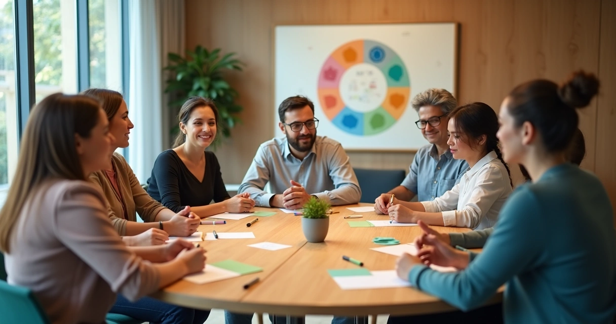 Diverse team in a circle sharing feedback on colorful cards 