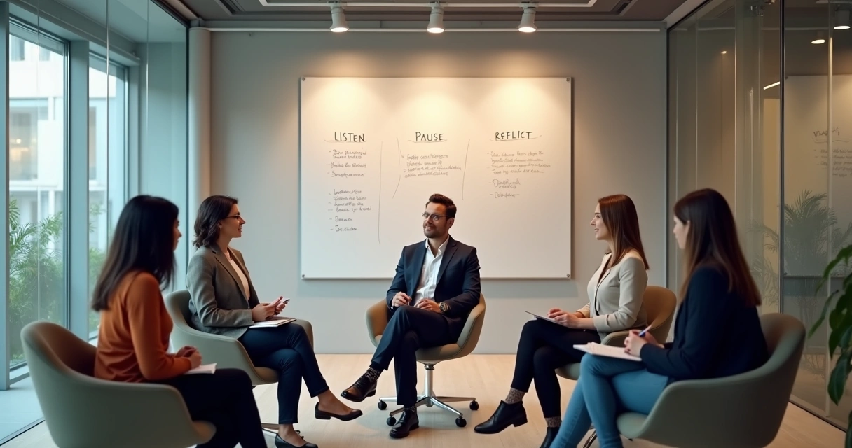 Small team in a feedback discussion circle at work