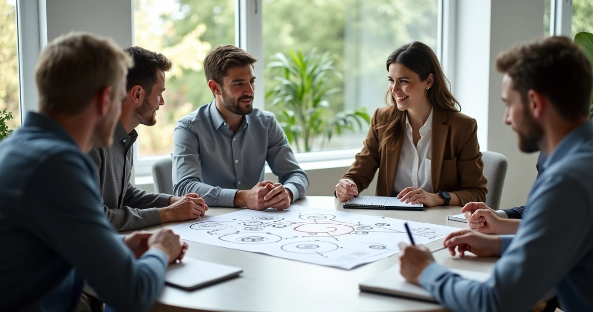 Small team in discussion around a circular table