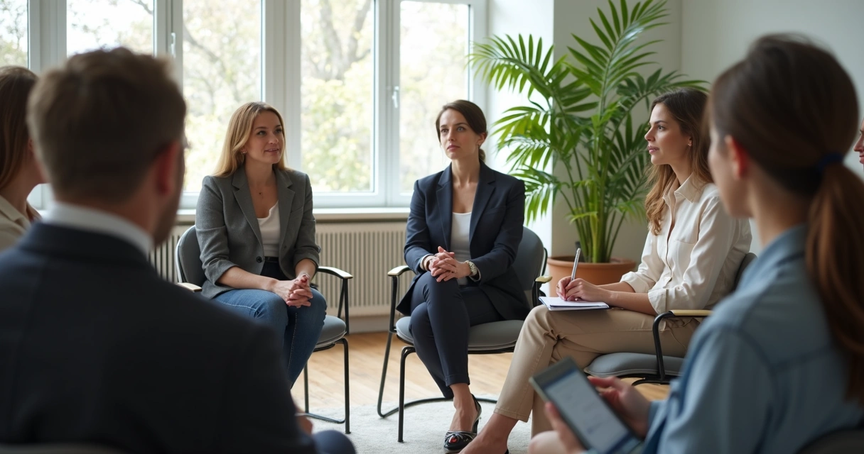 Team sharing feedback in a calm office discussion circle 