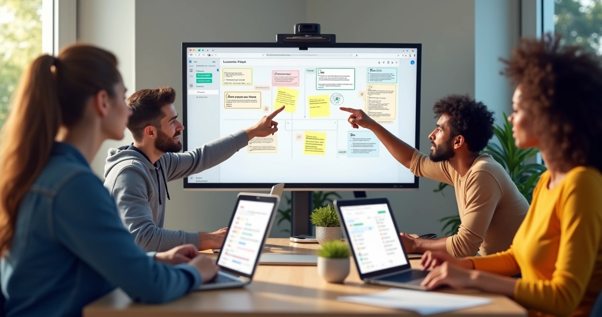 Remote team collaborating and sharing feedback on digital whiteboard