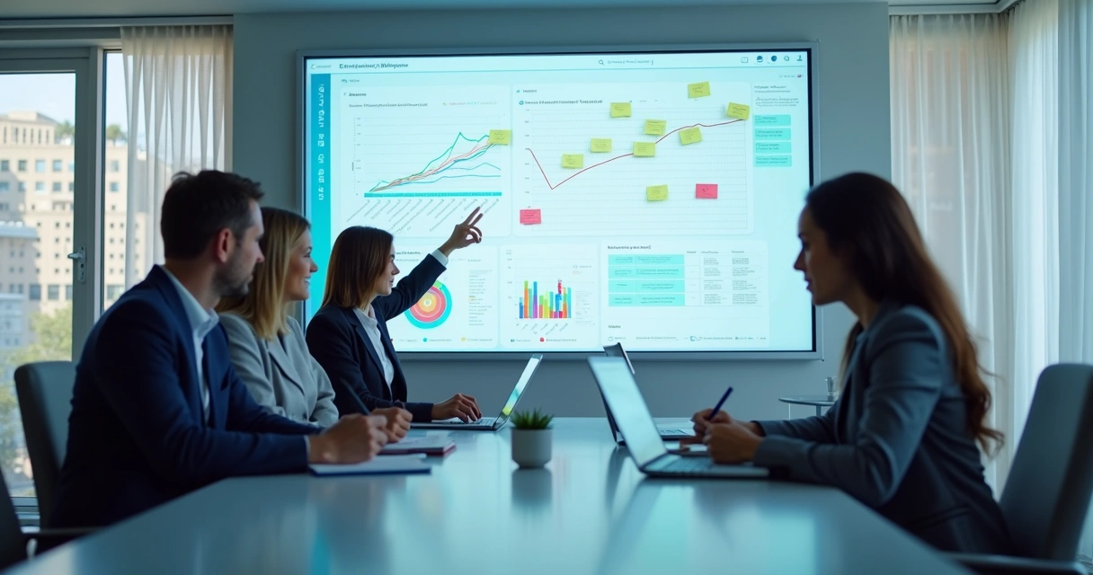 Team reviewing a feedback dashboard in a meeting room