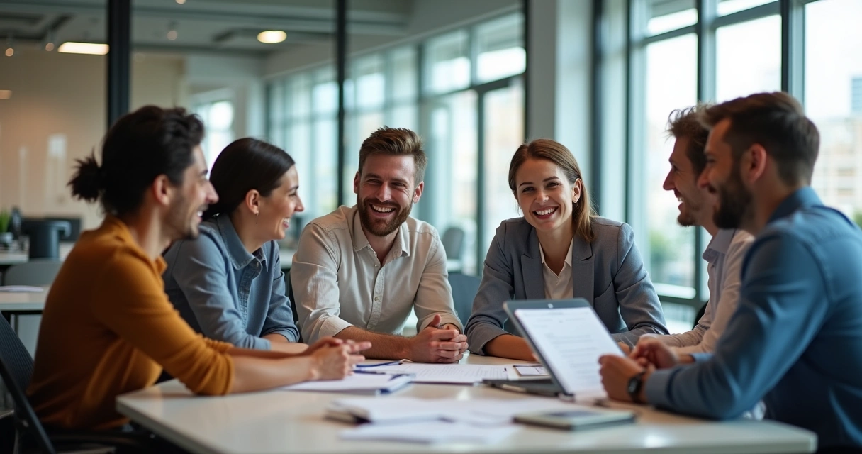 Small group providing feedback to each other in a bright office