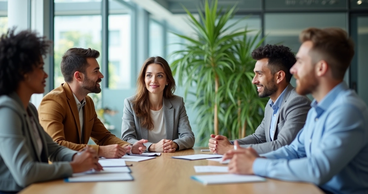 Diverse team in a feedback discussion in a bright meeting room 