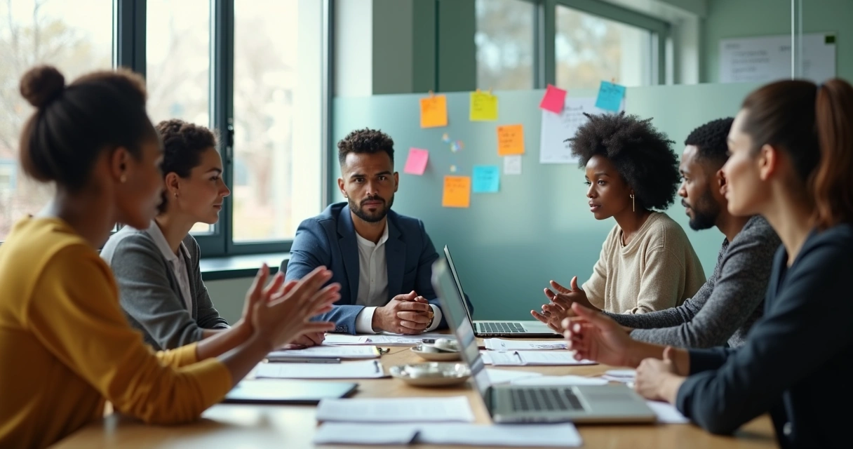 Team members in discussion, exchanging feedback in a meeting room 