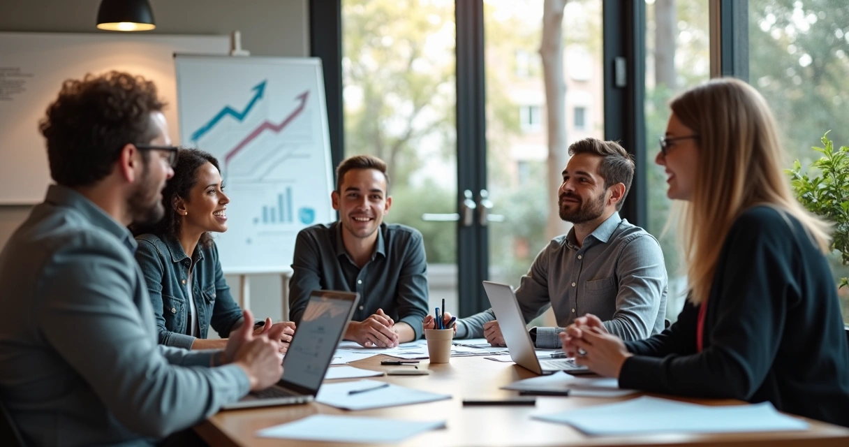 Team discussing feedback with growth symbols in the background
