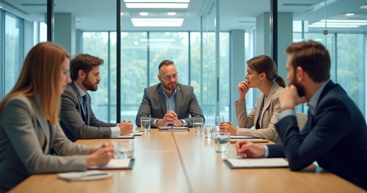 Team in a quiet feedback meeting with tense body language 
